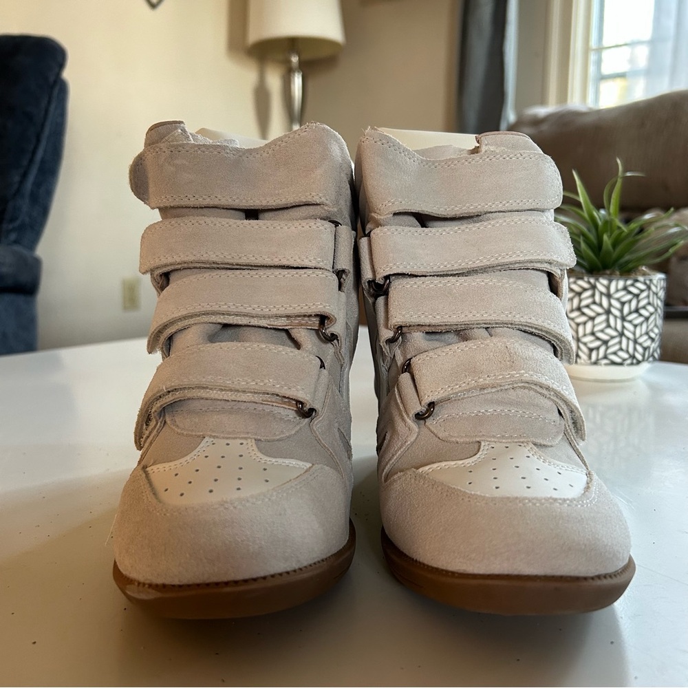 Isabel Marant Beige Suede Wedge Sneakers with Gum Soles